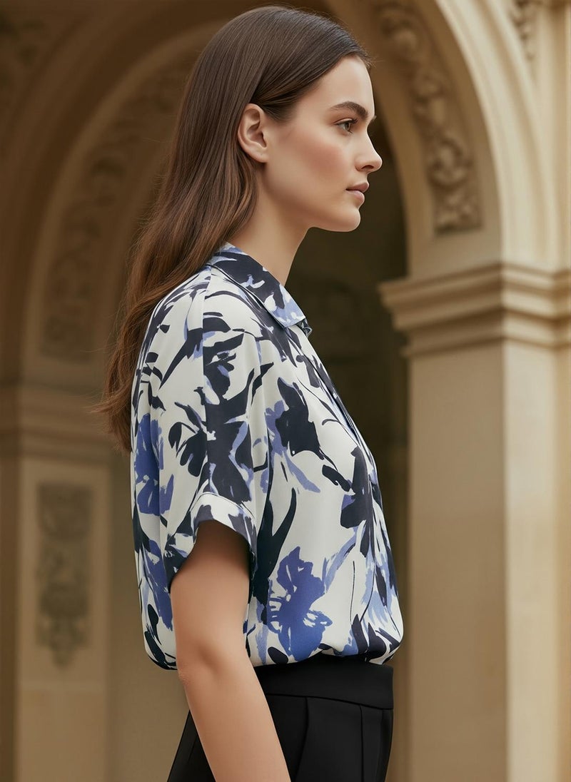 Globus Women Blue Floral Print Collared V-Neck Extended Sleeves Pleated Detail Top - Image 3